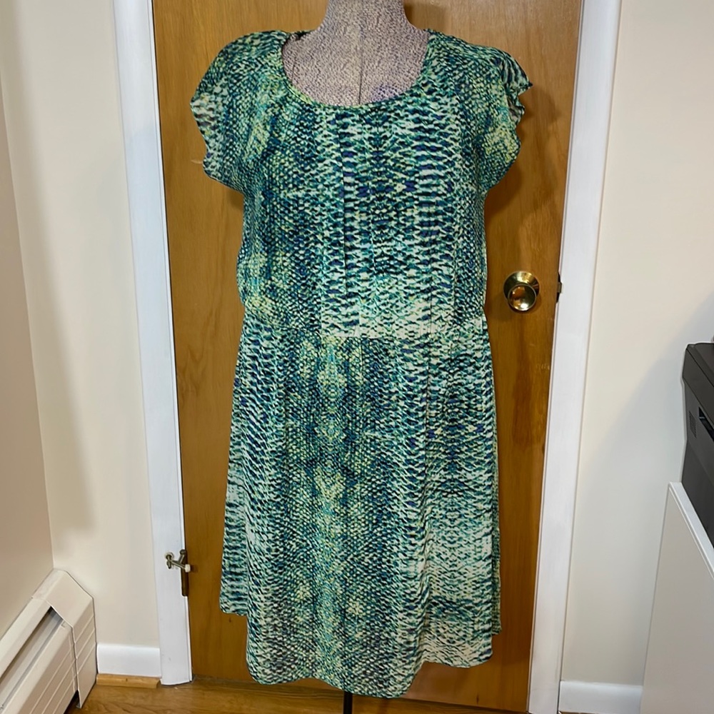AGB Womens 14 Cap Sleeve Dress Waist Defined Overlay Green Blue Yellow